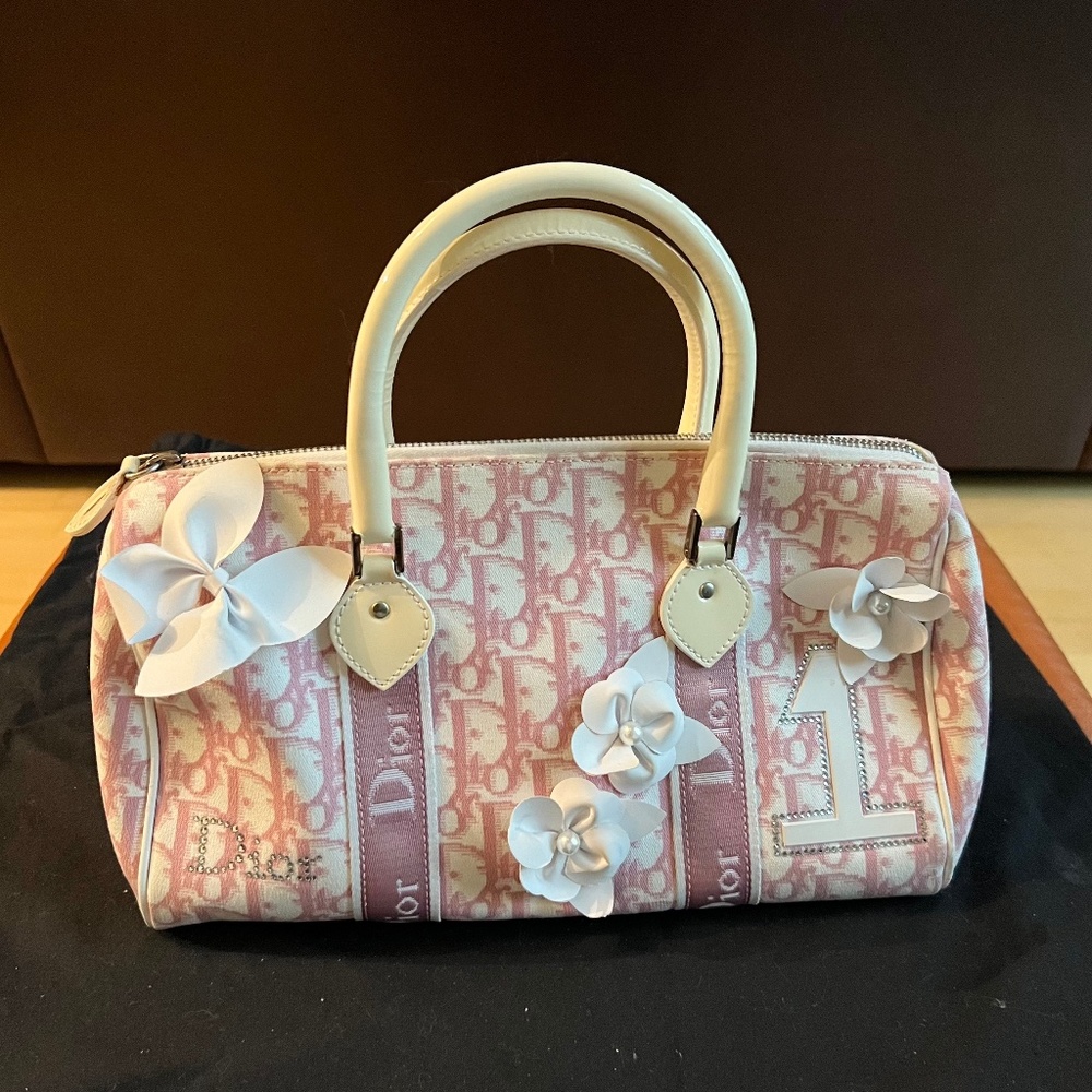 Authentic Christian Dior Canvas Girly Chic Pink Trotter Boston Bag